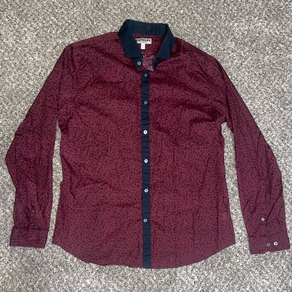 Express Fitted Maroon and Black Cotton Button Up Long Sleeve Size Mens Large